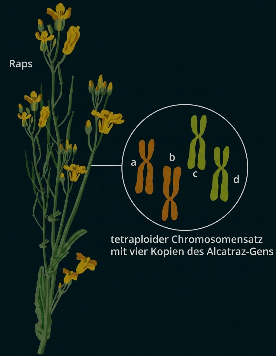 Rapspflanze mit Einblendung von vier Chromosomenkopien (tetraploid)